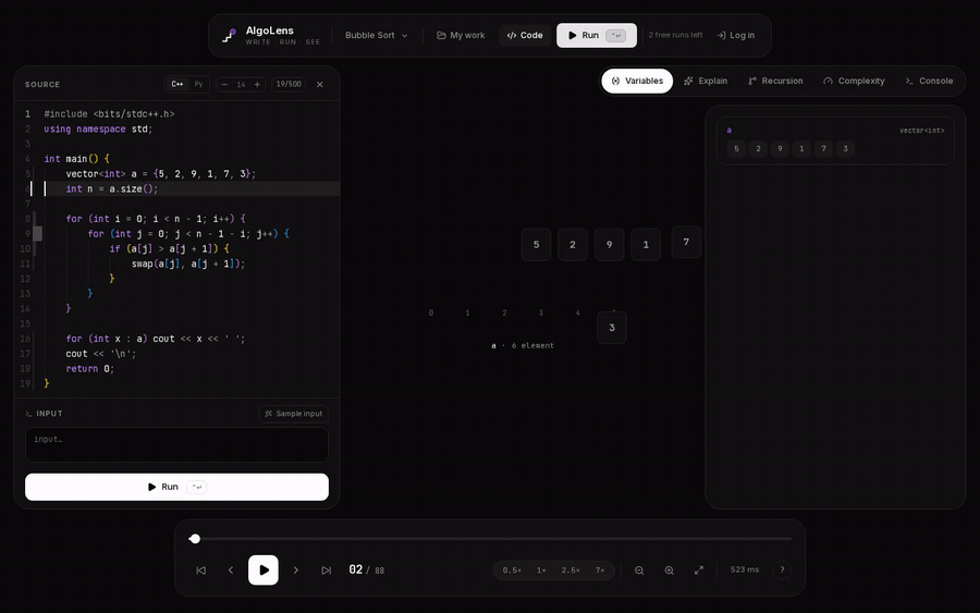 AlgoLens visualizing a bubble sort step by step, with index pointers moving across the array